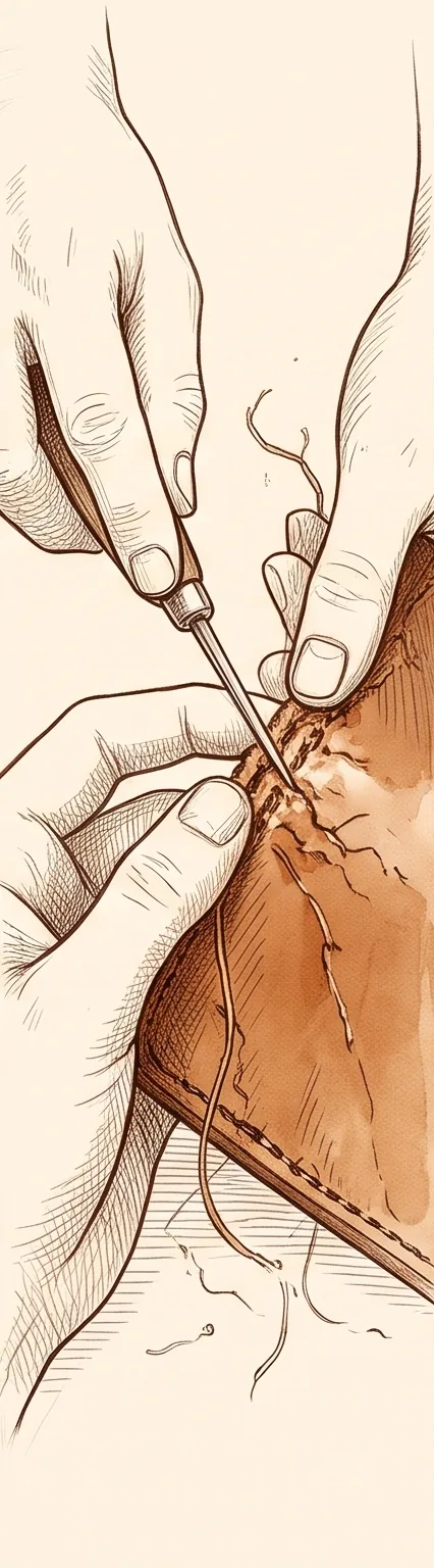 Sketch: two hands lifting old stitches with a steel awl