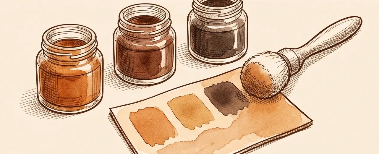 Sketch: three dye pots, a dauber and colour swatches on a leather offcut