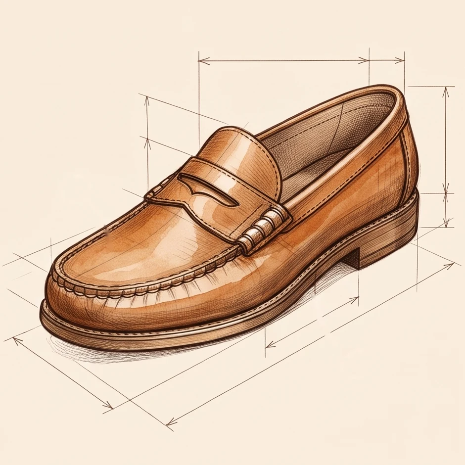 Watercolour technical sketch of a penny loafer with dimension lines