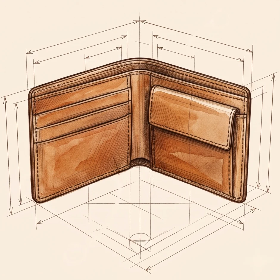 Watercolour technical sketch of a bifold wallet with coin pocket and dimension lines